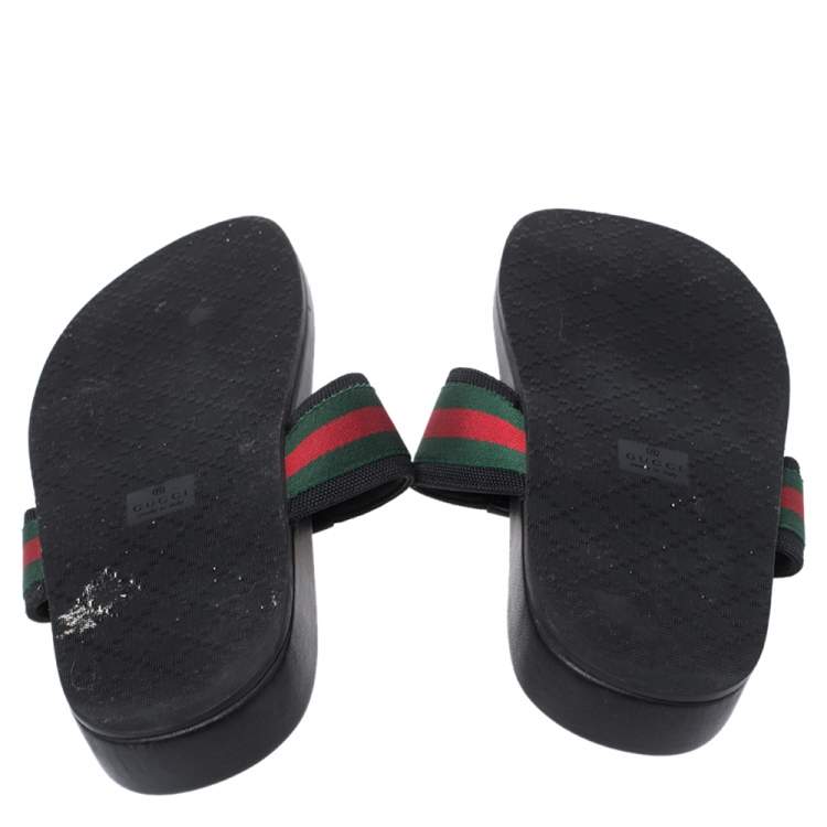Pre Owned Gucci Black Leather Web Detail Thong Flats Size 44