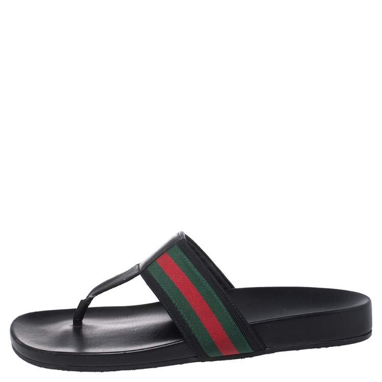 Pre Owned Gucci Black Leather Web Detail Thong Flats Size 44
