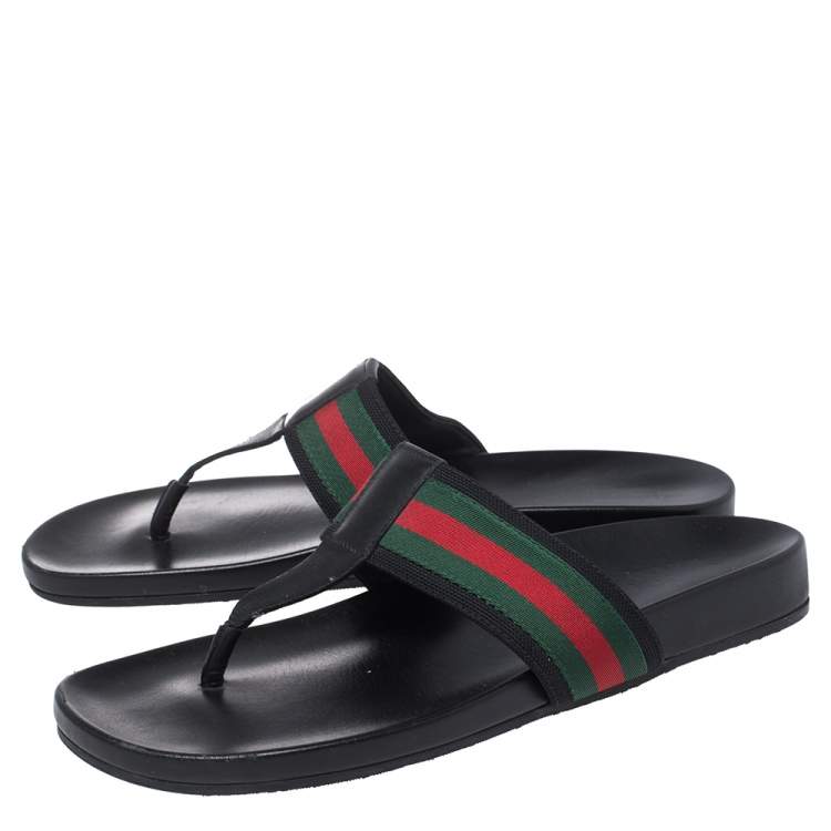 Pre Owned Gucci Black Leather Web Detail Thong Flats Size 44