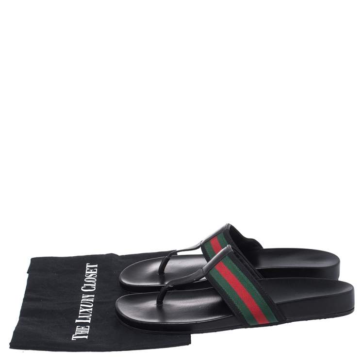 Pre Owned Gucci Black Leather Web Detail Thong Flats Size 44