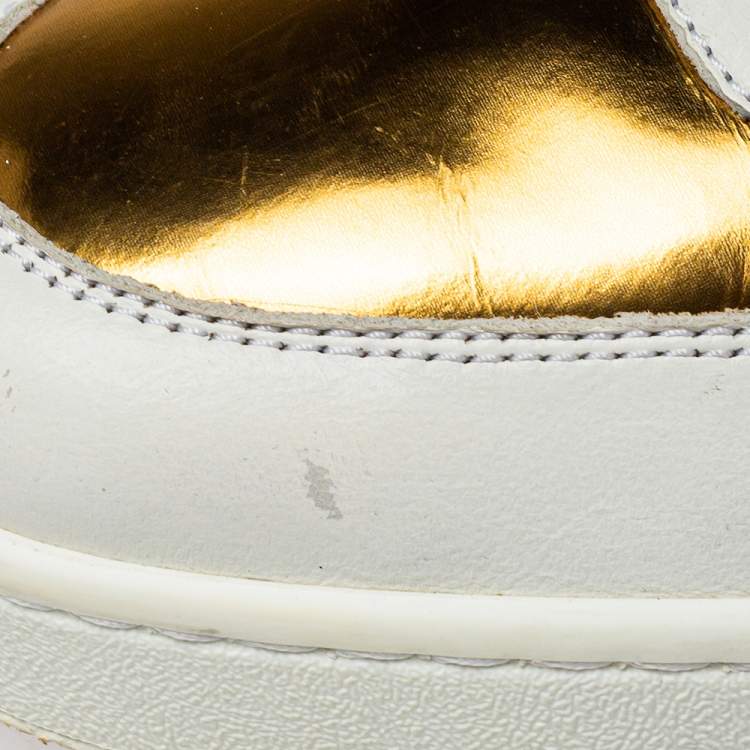 Pre Owned Gucci White/Gold Leather Lace Up High Top Sneakers Size 43.5