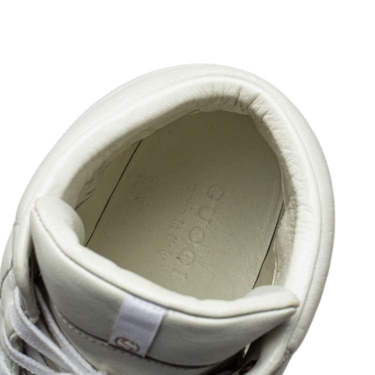 Pre Owned Gucci White/Gold Leather Lace Up High Top Sneakers Size 43.5
