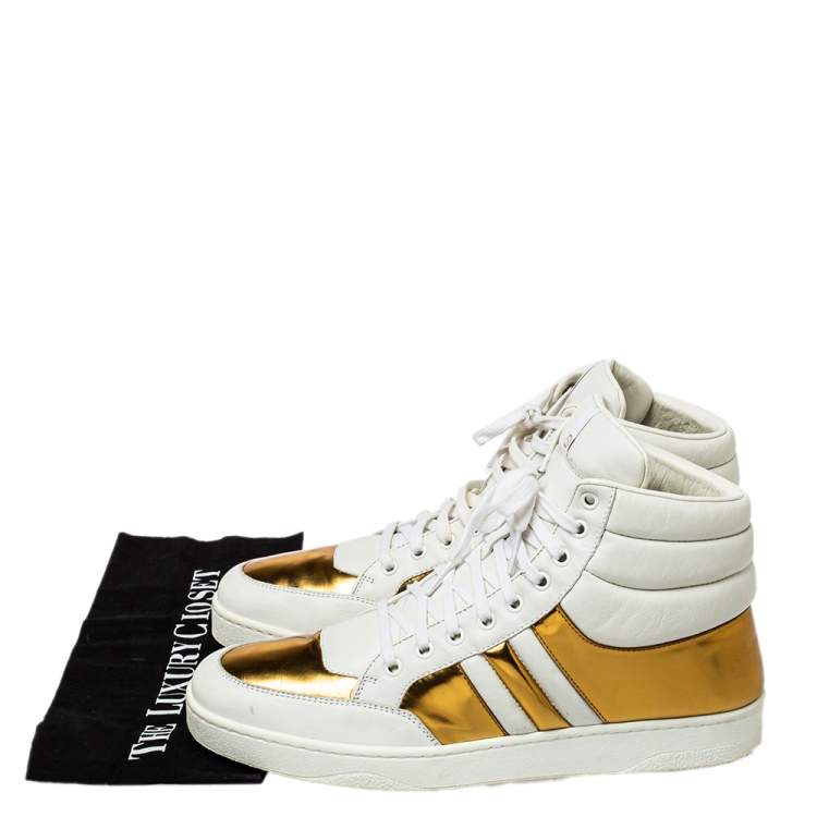 Pre Owned Gucci White/Gold Leather Lace Up High Top Sneakers Size 43.5