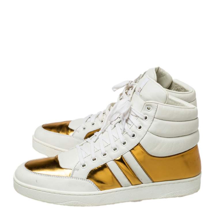 Pre Owned Gucci White/Gold Leather Lace Up High Top Sneakers Size 43.5