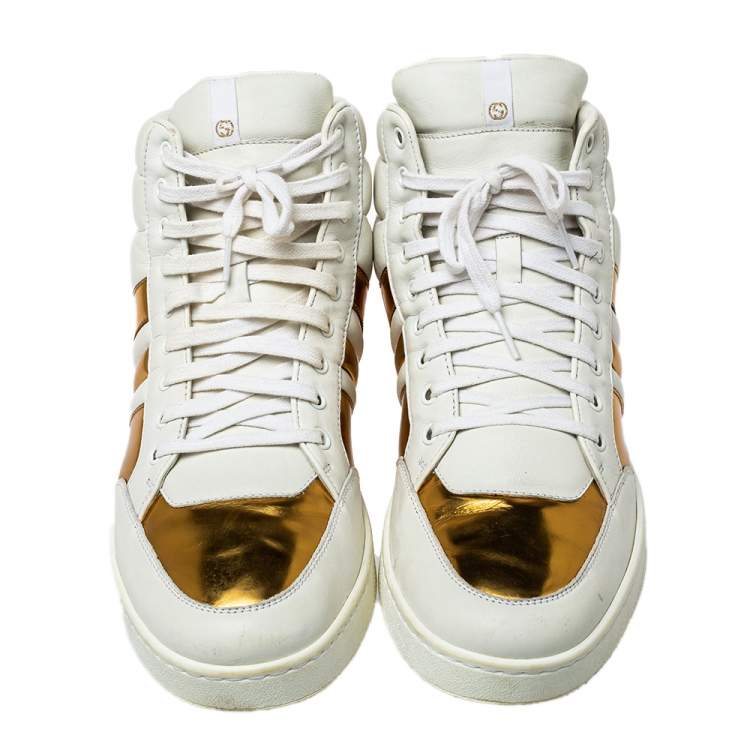 Pre Owned Gucci White/Gold Leather Lace Up High Top Sneakers Size 43.5