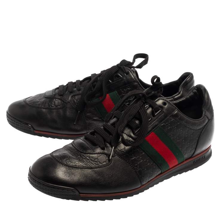 Pre Owned Gucci Black Guccissima Leather Web Low Top Sneakers Size 43.5