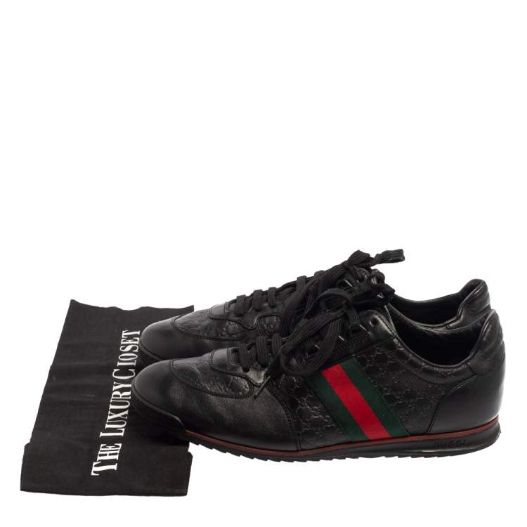 Pre Owned Gucci Black Guccissima Leather Web Low Top Sneakers Size 43.5