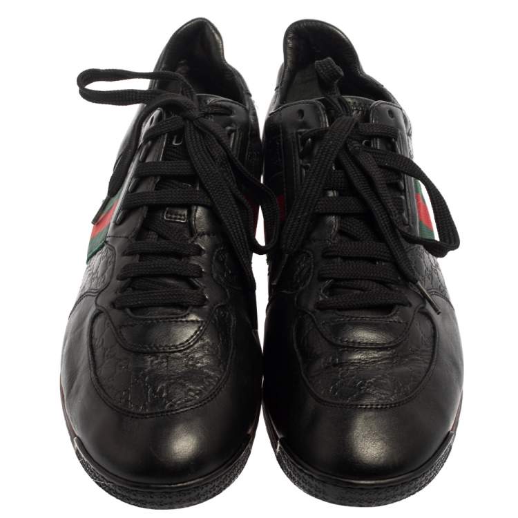 Pre Owned Gucci Black Guccissima Leather Web Low Top Sneakers Size 43.5