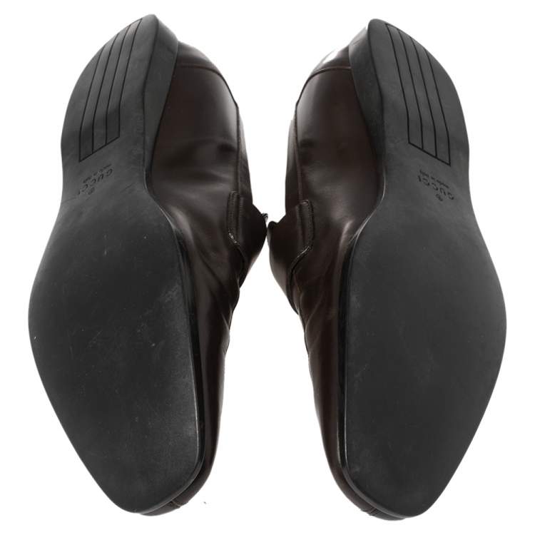 Pre Owned Gucci Brown Leather GG Slip On Loafers Size 43