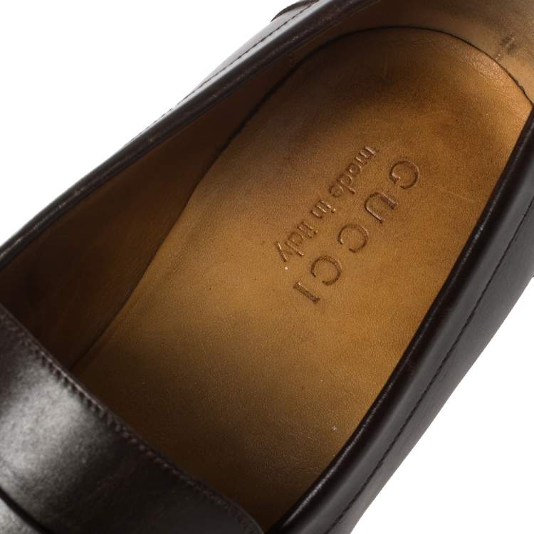 Pre Owned Gucci Brown Leather GG Slip On Loafers Size 43