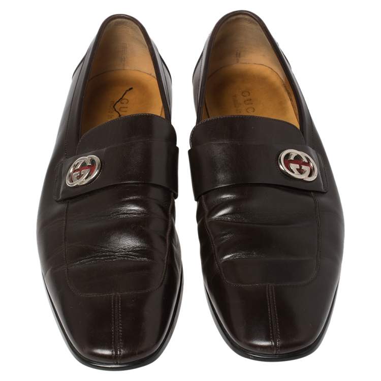 Pre Owned Gucci Brown Leather GG Slip On Loafers Size 43