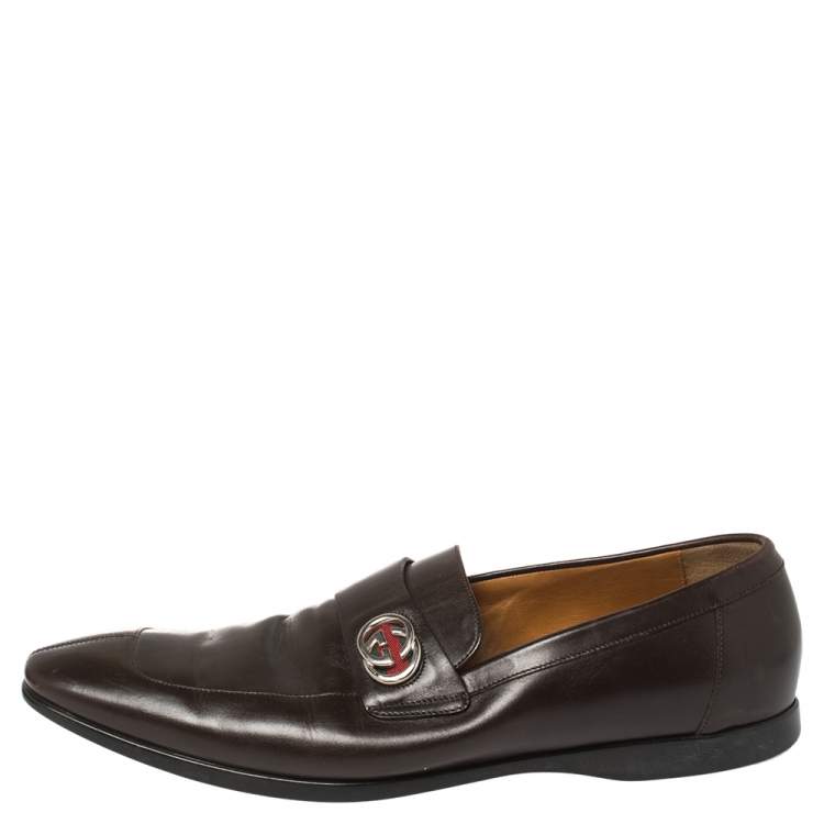 Pre Owned Gucci Brown Leather GG Slip On Loafers Size 43