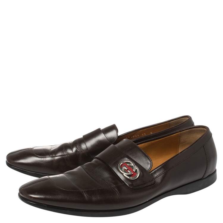 Pre Owned Gucci Brown Leather GG Slip On Loafers Size 43