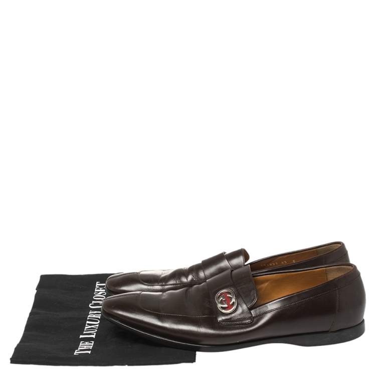 Pre Owned Gucci Brown Leather GG Slip On Loafers Size 43
