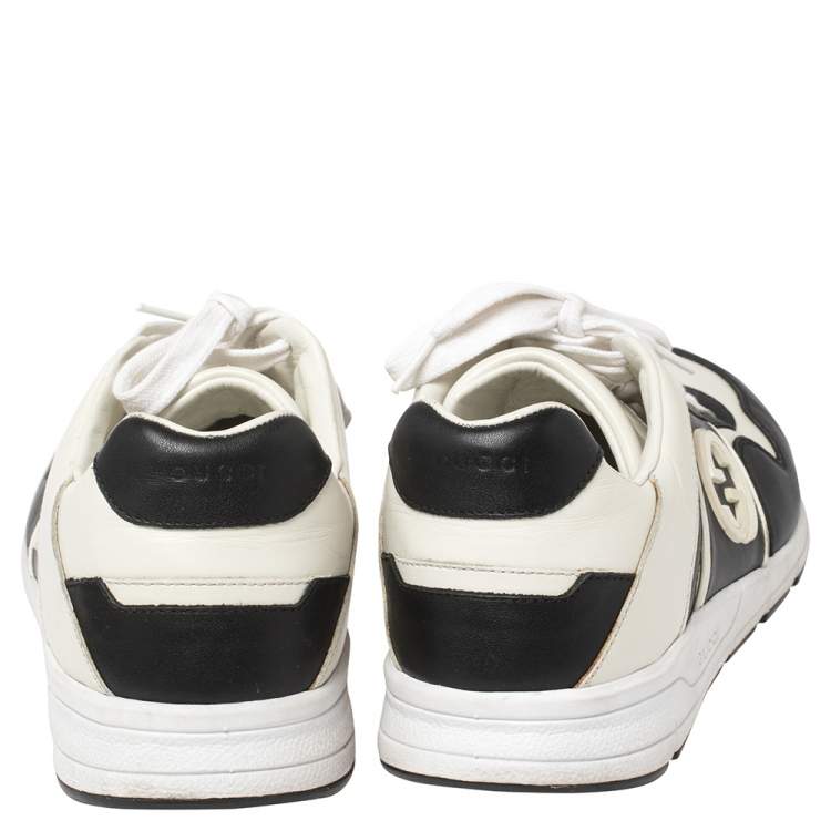 Pre Owned Gucci Black/White Leather Interlocking GG Lace Up Low Top Sneakers Size 40.5
