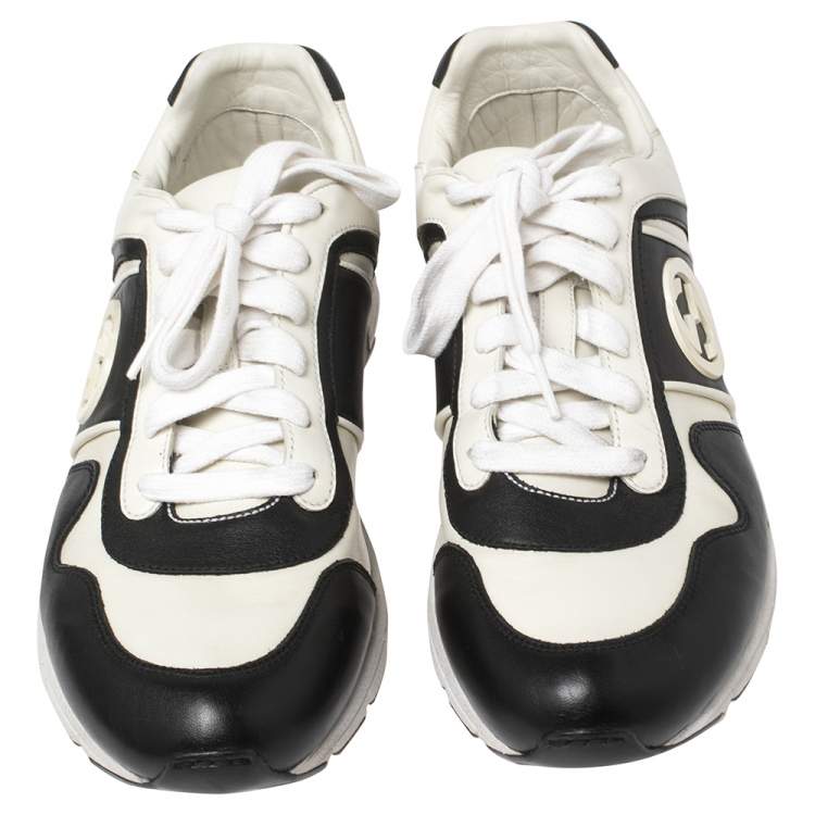 Pre Owned Gucci Black/White Leather Interlocking GG Lace Up Low Top Sneakers Size 40.5