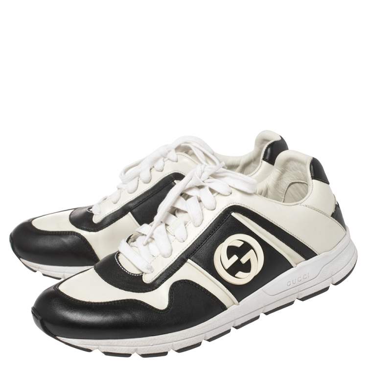 Pre Owned Gucci Black/White Leather Interlocking GG Lace Up Low Top Sneakers Size 40.5