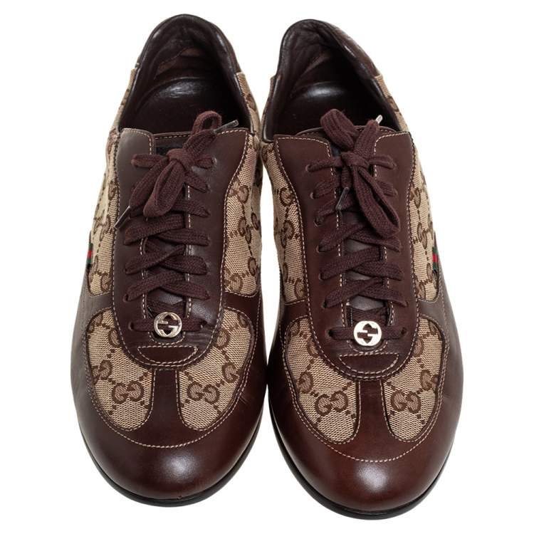 مملوكة مسبقًا Gucci Brown/Beige Canvas Leather Lace Up Sneakers Size 40.5