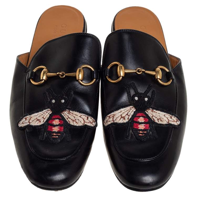 Pre Owned Gucci Black Leather Princetown Horsebit Bee Embroidered Mules Size 39.5