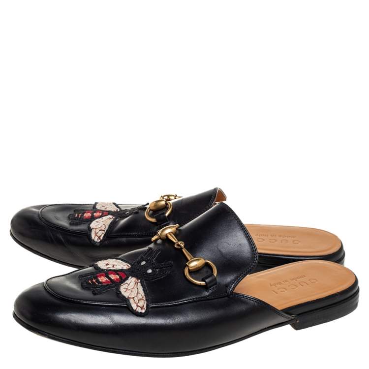 Pre Owned Gucci Black Leather Princetown Horsebit Bee Embroidered Mules Size 39.5