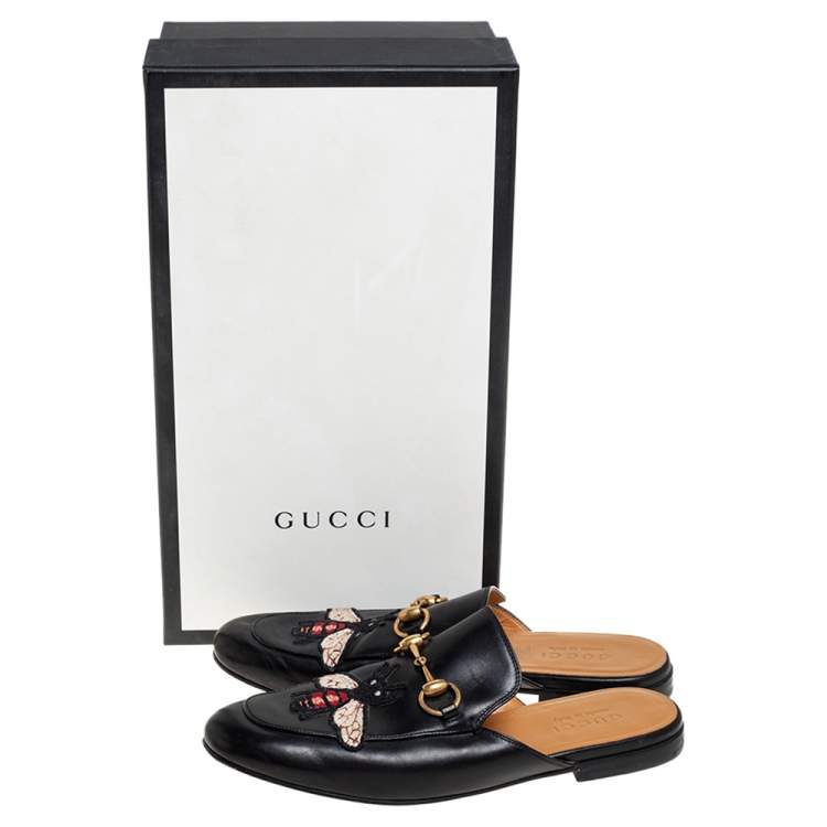 Pre Owned Gucci Black Leather Princetown Horsebit Bee Embroidered Mules Size 39.5