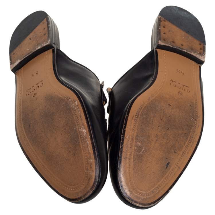 Pre Owned Gucci Black Leather Princetown Horsebit Bee Embroidered Mules Size 39.5