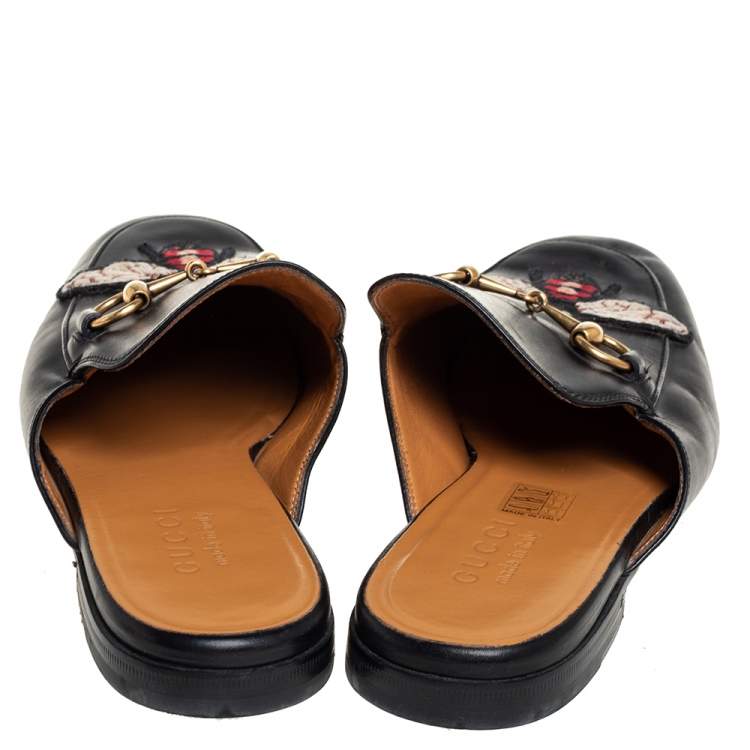 Pre Owned Gucci Black Leather Princetown Horsebit Bee Embroidered Mules Size 39.5
