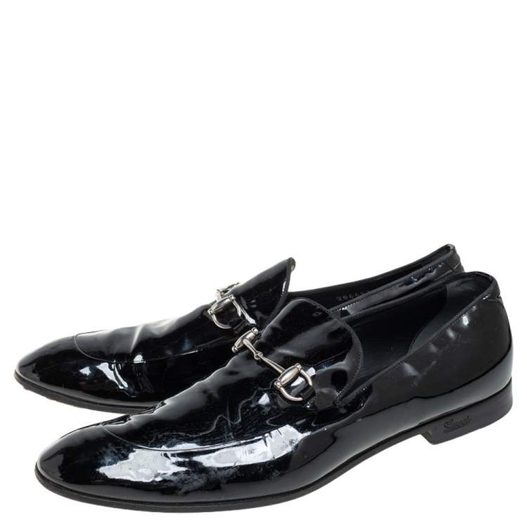 Pre Owned Gucci Black Patent Leather Horsebit Slip on Loafers Size 43.5