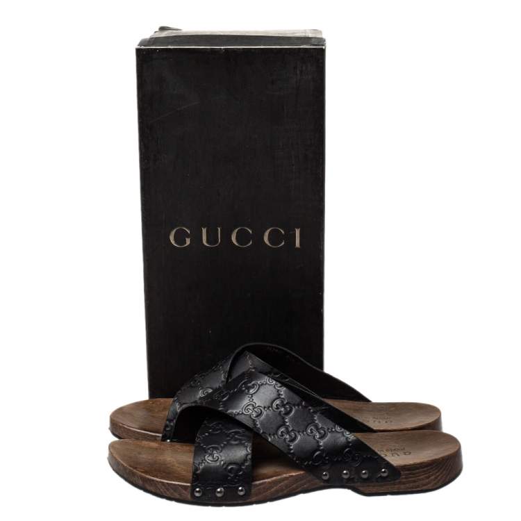 Pre Owned Gucci Black Guccissima Leather Criss Cross Slide Sandals Size 40.5