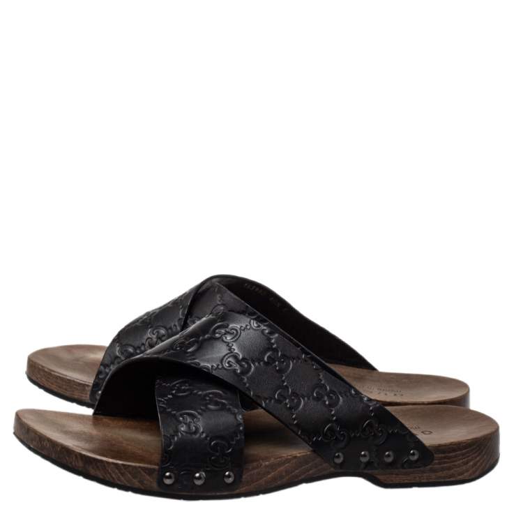 Pre Owned Gucci Black Guccissima Leather Criss Cross Slide Sandals Size 40.5