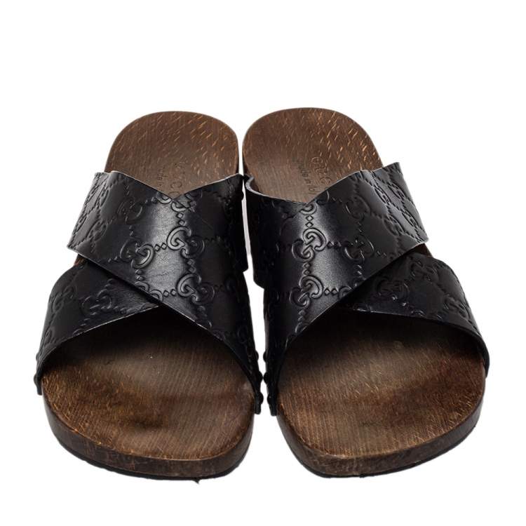 Pre Owned Gucci Black Guccissima Leather Criss Cross Slide Sandals Size 40.5