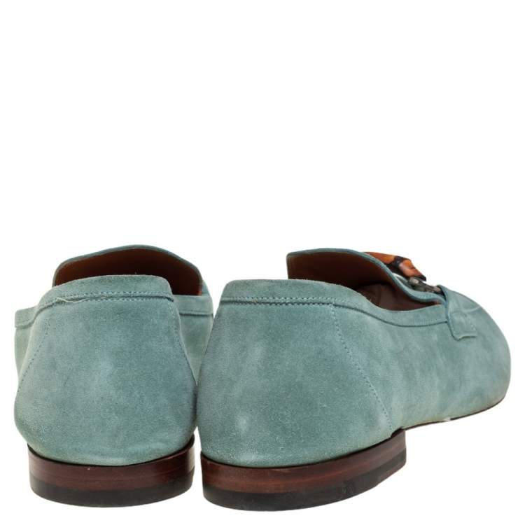 Pre Owned Gucci Blue Suede Bamboo Horsebit Loafers Size 45