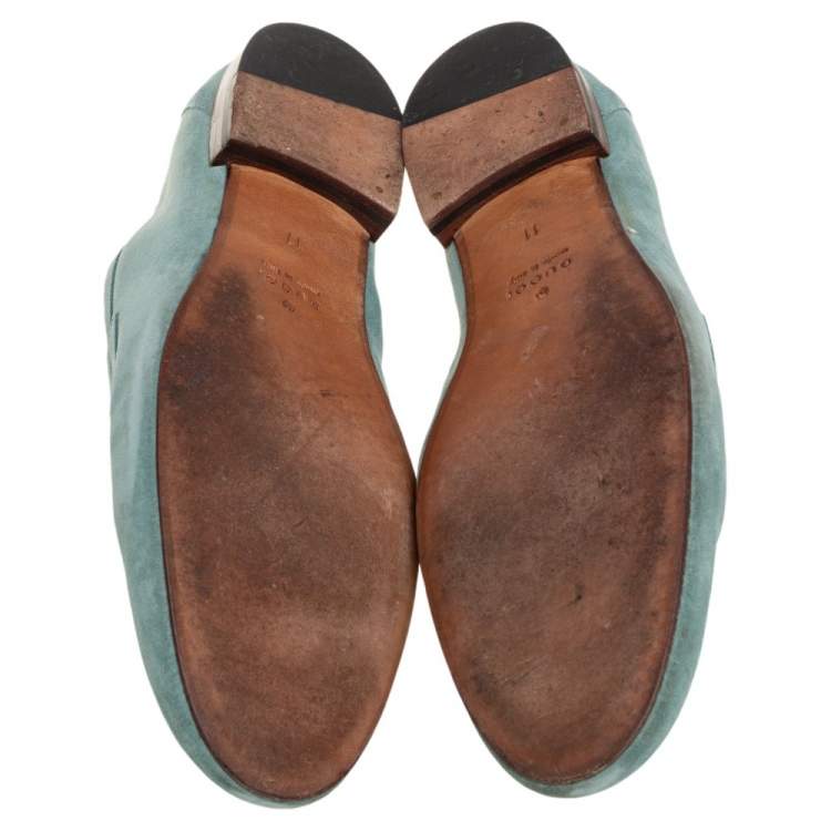 Pre Owned Gucci Blue Suede Bamboo Horsebit Loafers Size 45