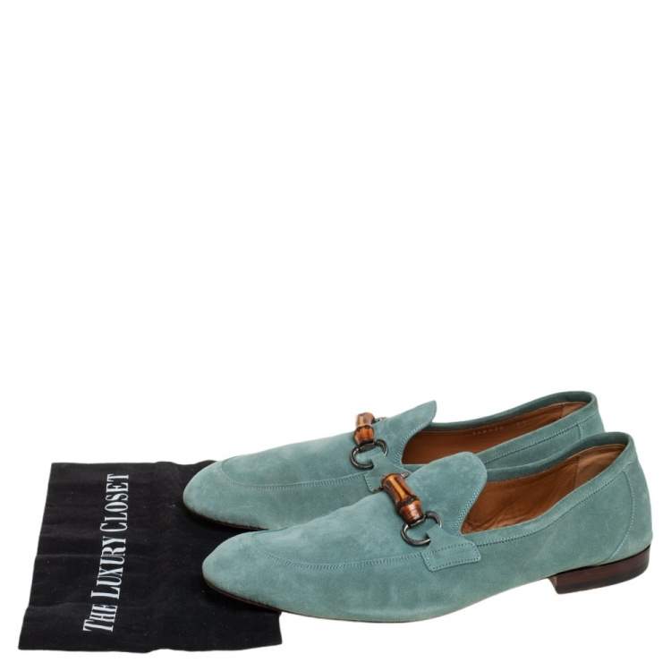 Pre Owned Gucci Blue Suede Bamboo Horsebit Loafers Size 45