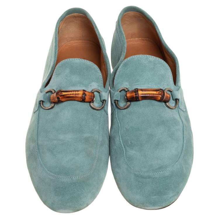 Pre Owned Gucci Blue Suede Bamboo Horsebit Loafers Size 45