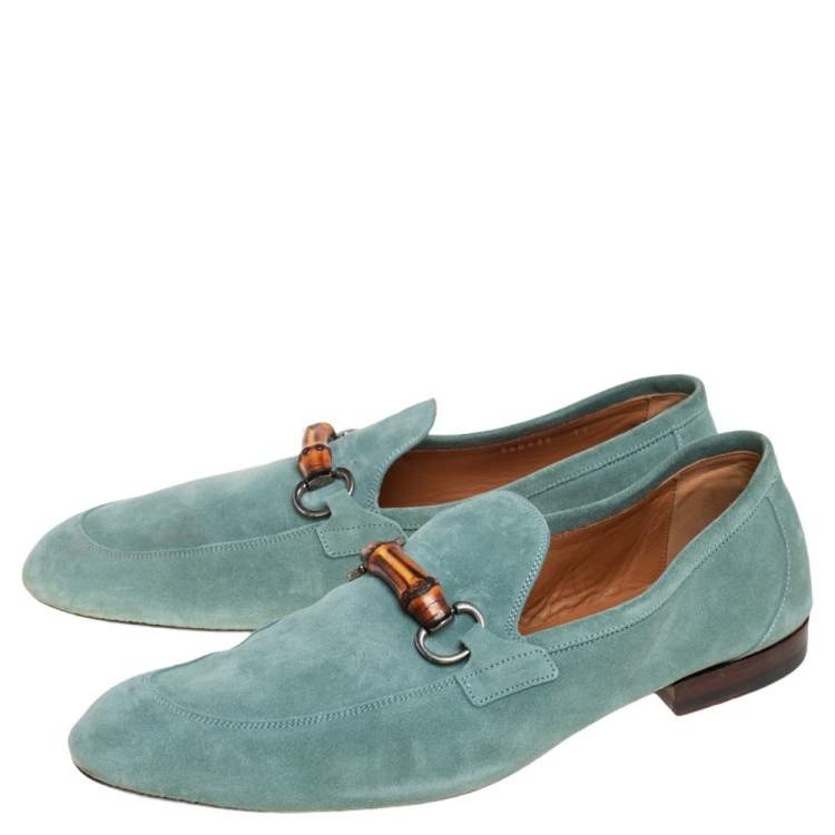 Pre Owned Gucci Blue Suede Bamboo Horsebit Loafers Size 45
