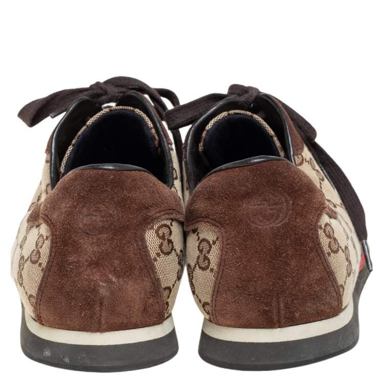 Pre Owned Gucci Beige/Brown GG Canvas and Suede Classic Web Low Top Sneakers Size 46.5