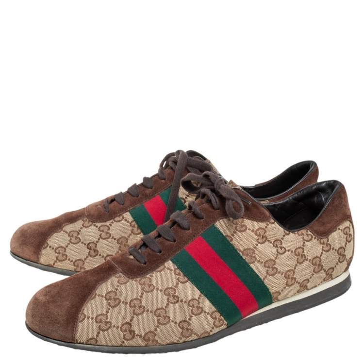 Pre Owned Gucci Beige/Brown GG Canvas and Suede Classic Web Low Top Sneakers Size 46.5