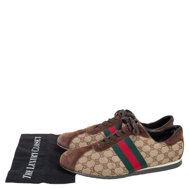 Pre Owned Gucci Beige/Brown GG Canvas and Suede Classic Web Low Top Sneakers Size 46.5