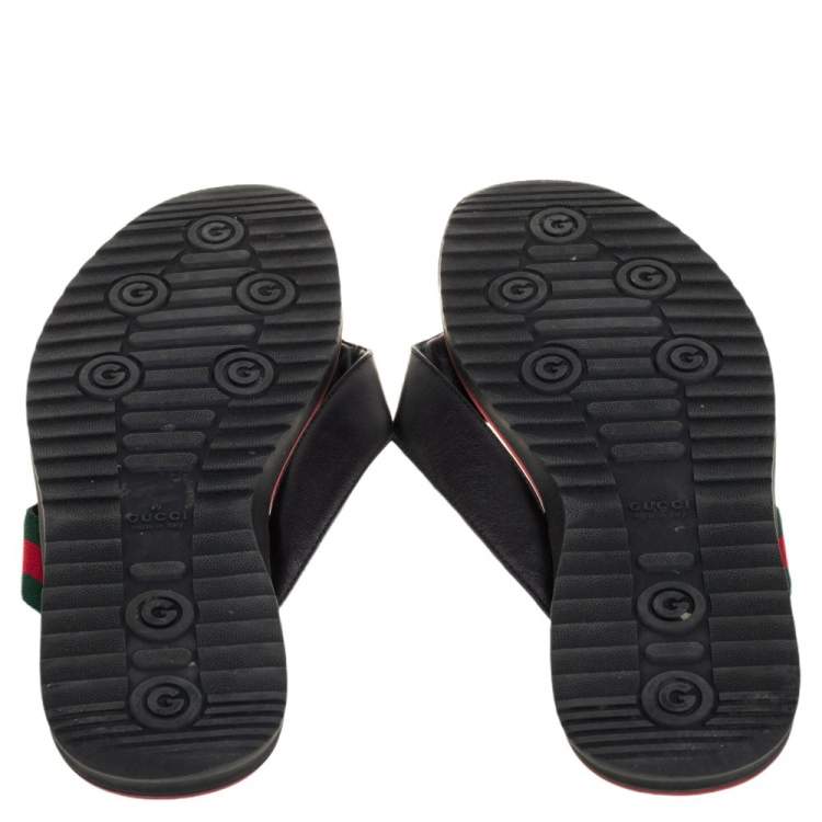 Pre Owned Gucci Black Guccissima Leather Web Detail Thong Flat Size 45