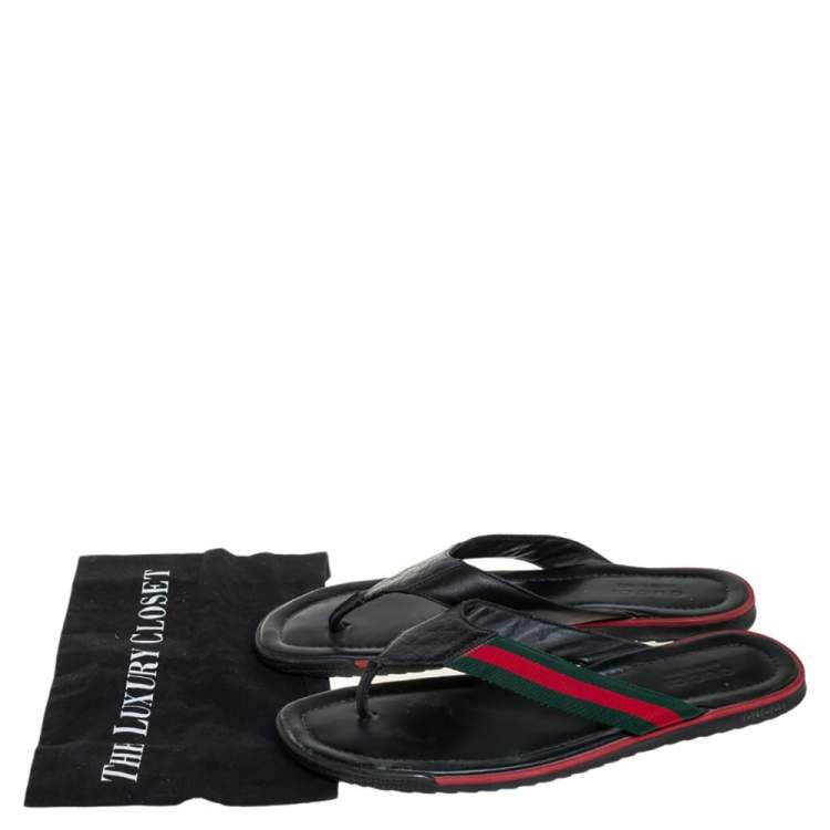 Pre Owned Gucci Black Guccissima Leather Web Detail Thong Flat Size 45