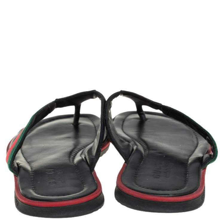 Pre Owned Gucci Black Guccissima Leather Web Detail Thong Flat Size 45