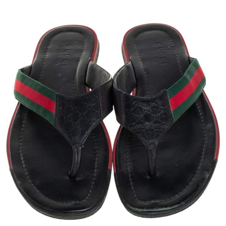 Pre Owned Gucci Black Guccissima Leather Web Detail Thong Flat Size 45
