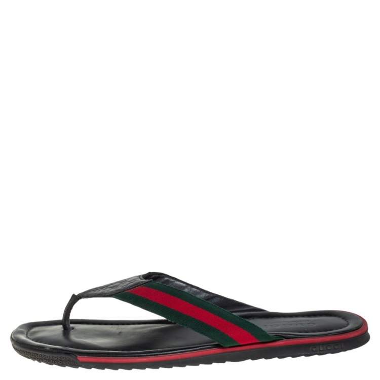 Pre Owned Gucci Black Guccissima Leather Web Detail Thong Flat Size 45