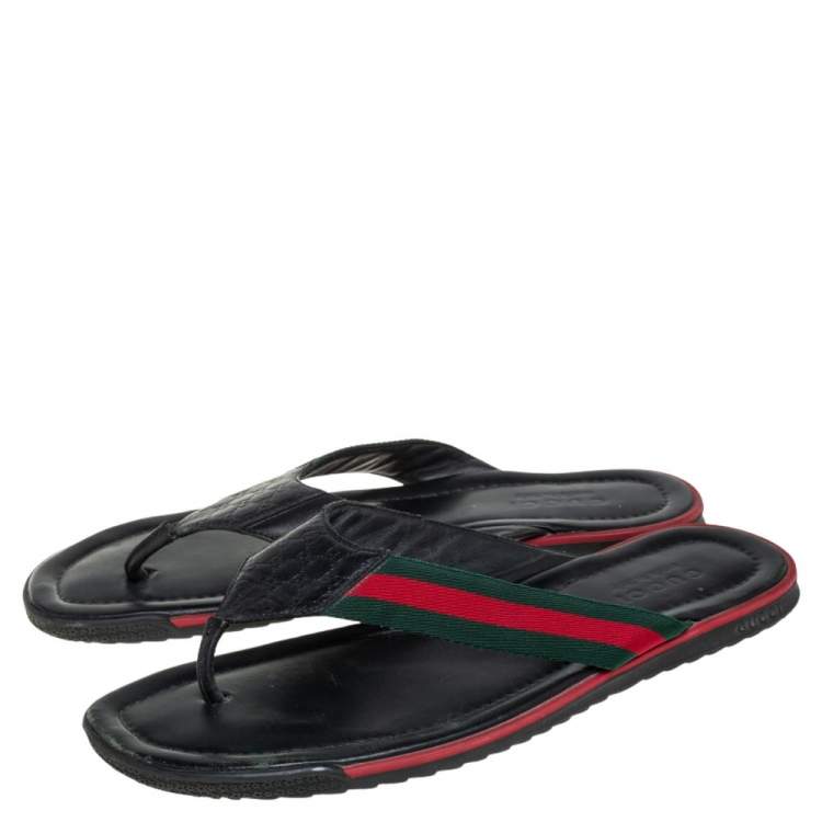 Pre Owned Gucci Black Guccissima Leather Web Detail Thong Flat Size 45