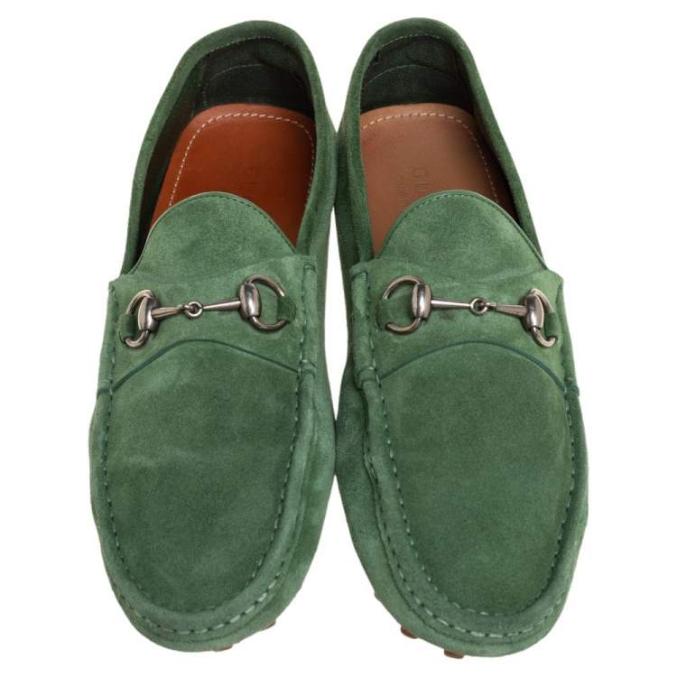 Pre Owned Gucci Green Suede Horsebit Loafers Size 45.5