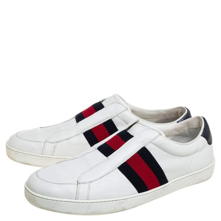 Pre Owned Gucci White Leather Web Ace Slip On Sneakers Size 45 