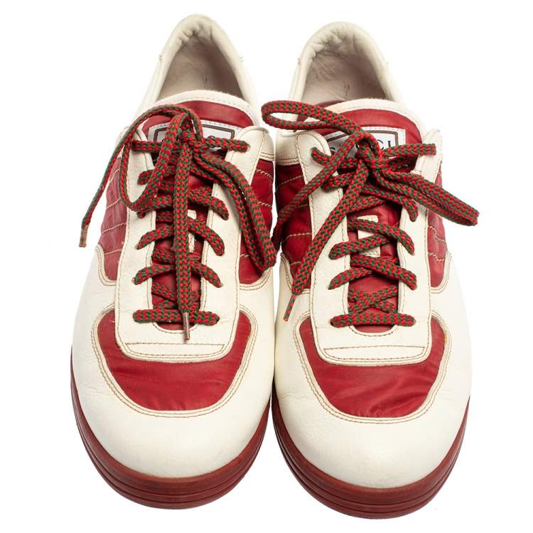 Pre Owned Gucci White/Red Leather And Nylon Web Low Top Sneakers Size 43.5 