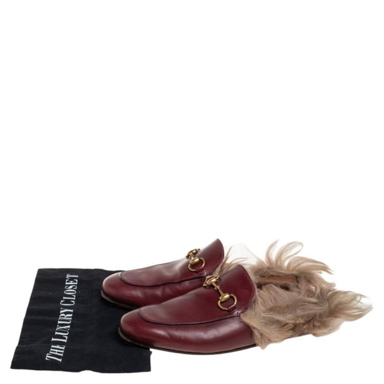 Pre Owned Gucci Burgundy Leather And Fur Princetown Mule Sandals Size 41