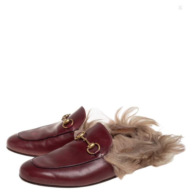 Pre Owned Gucci Burgundy Leather And Fur Princetown Mule Sandals Size 41
